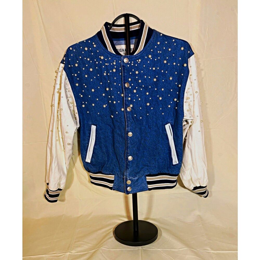 Signature Eight Women Blue/White Varsity Jacket Pearl Studs Button Closure Sz S